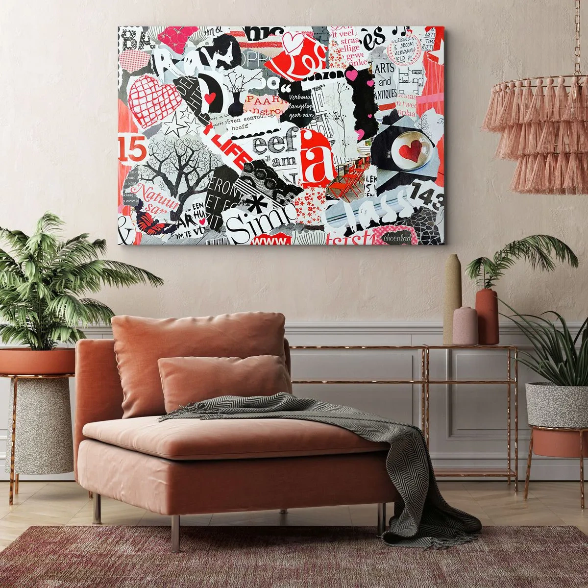 Lærredstryk - Billede på lærred - En farverig collage med inskriptioner, hjerter og grafik. - 70x50cm - Hipster collage - Moderne vægdekoration til stue og soveværelse ARTTOR