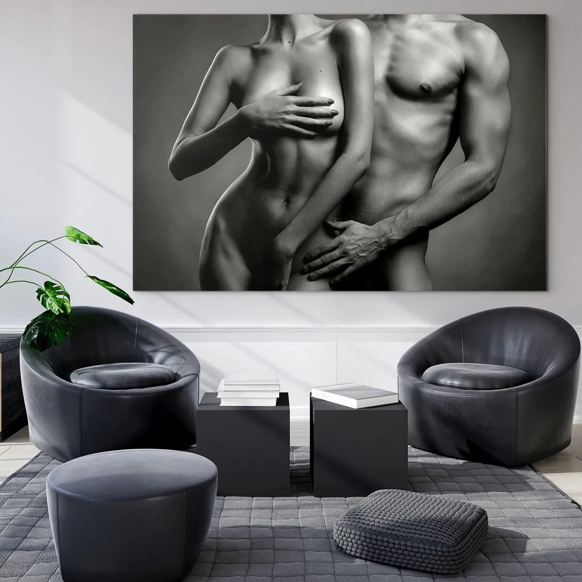 Billede på glas - Sort-hvid komposition med nøgne silhuetter af et par - 70x50cm - Adam og Eva - Moderne vægdekoration til stue og soveværelse ARTTOR