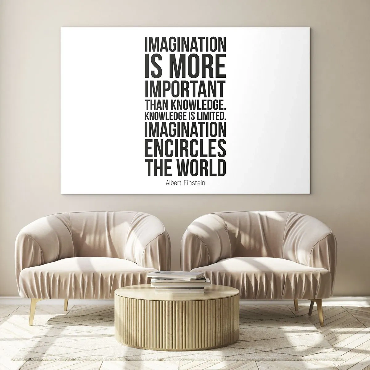 Billede på glas - Et citat om fantasi i minimalistisk typografi - 70x50cm - Einstein om fantasiens kraft - Moderne vægdekoration til stue og soveværelse ARTTOR