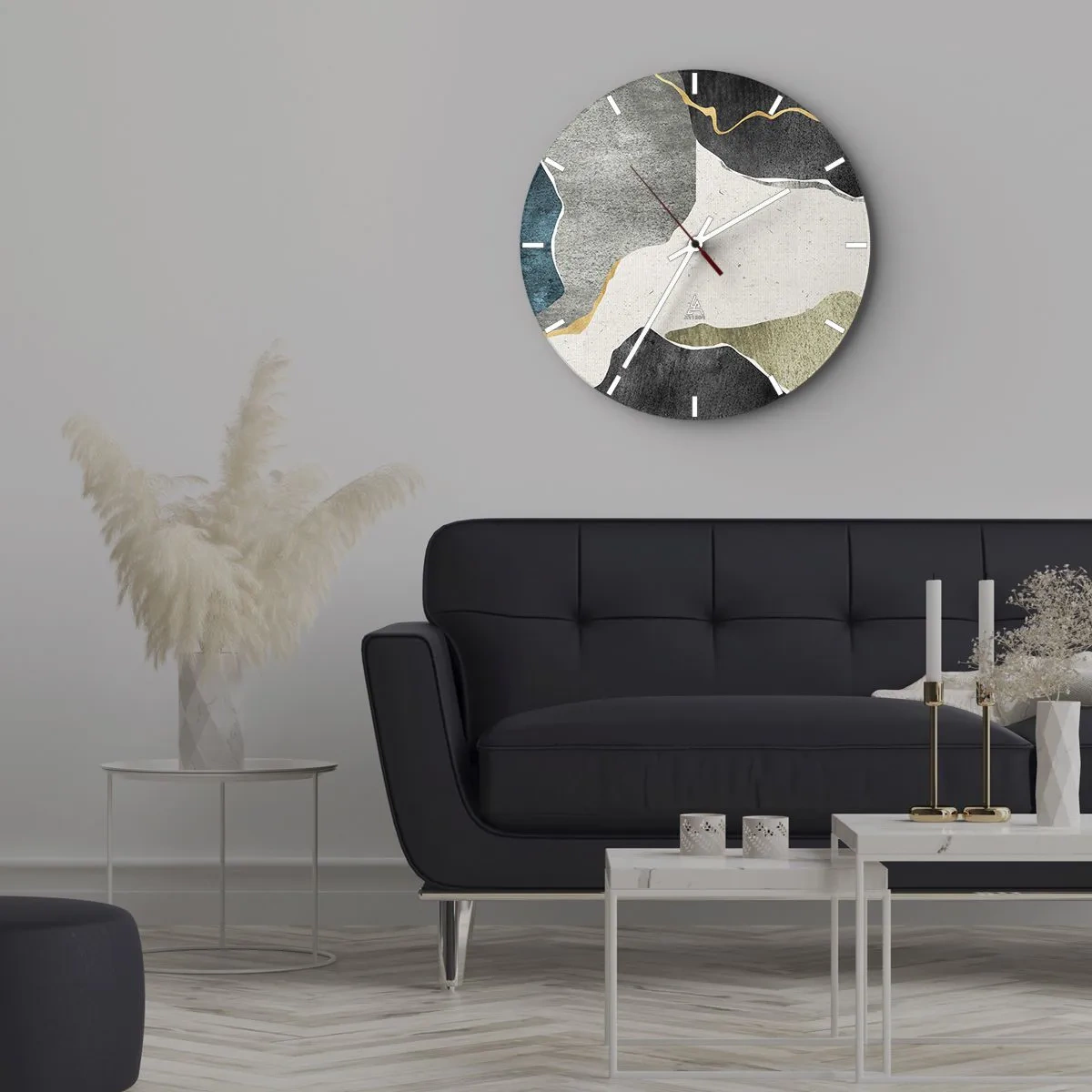 Vægur, Uret - Mosaikkomposition med en streng af guld - 40x40 cm