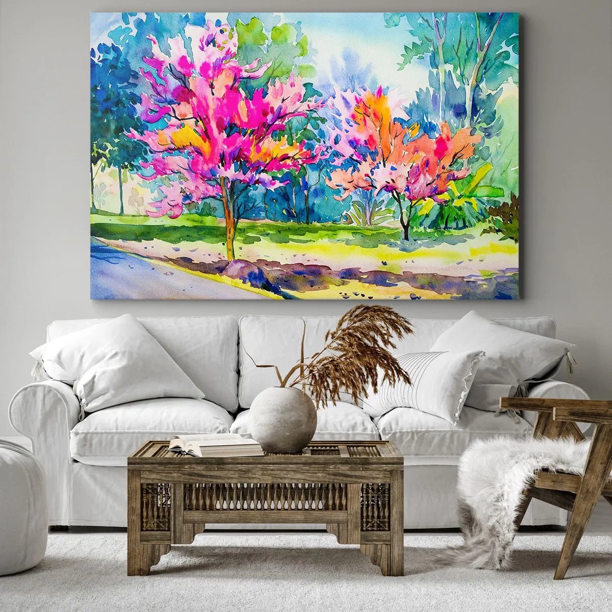 Lærredstryk - Billede på lærred - Farverige træer i en park i akvarelstil - 70x50cm - Regnbuehaven i forårets pragt - Moderne vægdekoration til stue og soveværelse ARTTOR