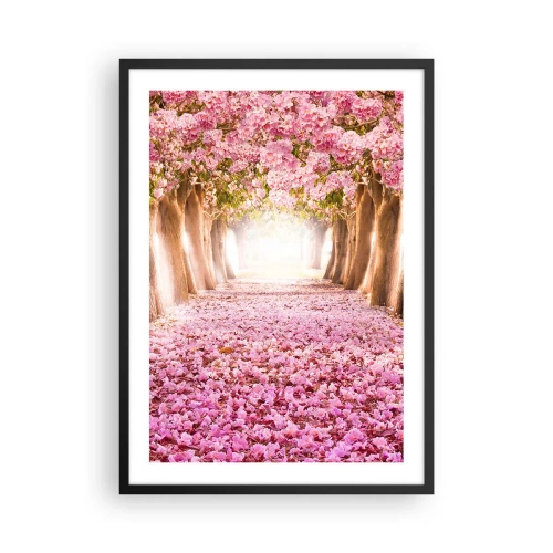 Plakat i sort ramme - En allé af kirsebærtræer med et lyserødt blomstertæppe - 50x70cm - Vejen til paradis - Moderne vægdekoration til stue og soveværelse ARTTOR