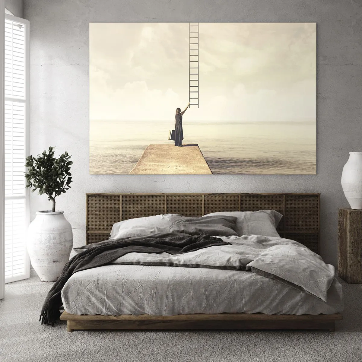Billede på glas - Kvinde på en mole med en stige, der fører til himlen - 70x50cm - En magisk rejse - Moderne vægdekoration til stue og soveværelse ARTTOR