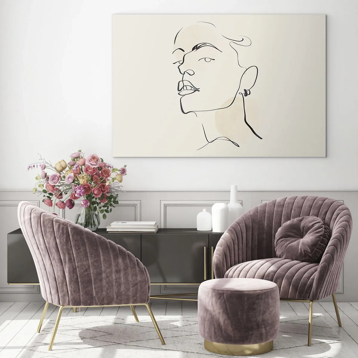 Billede på glas - Portræt af en kvinde i minimalistiske linjer på en lys baggrund - 70x50cm - Et stolt blik - Moderne vægdekoration til stue og soveværelse ARTTOR