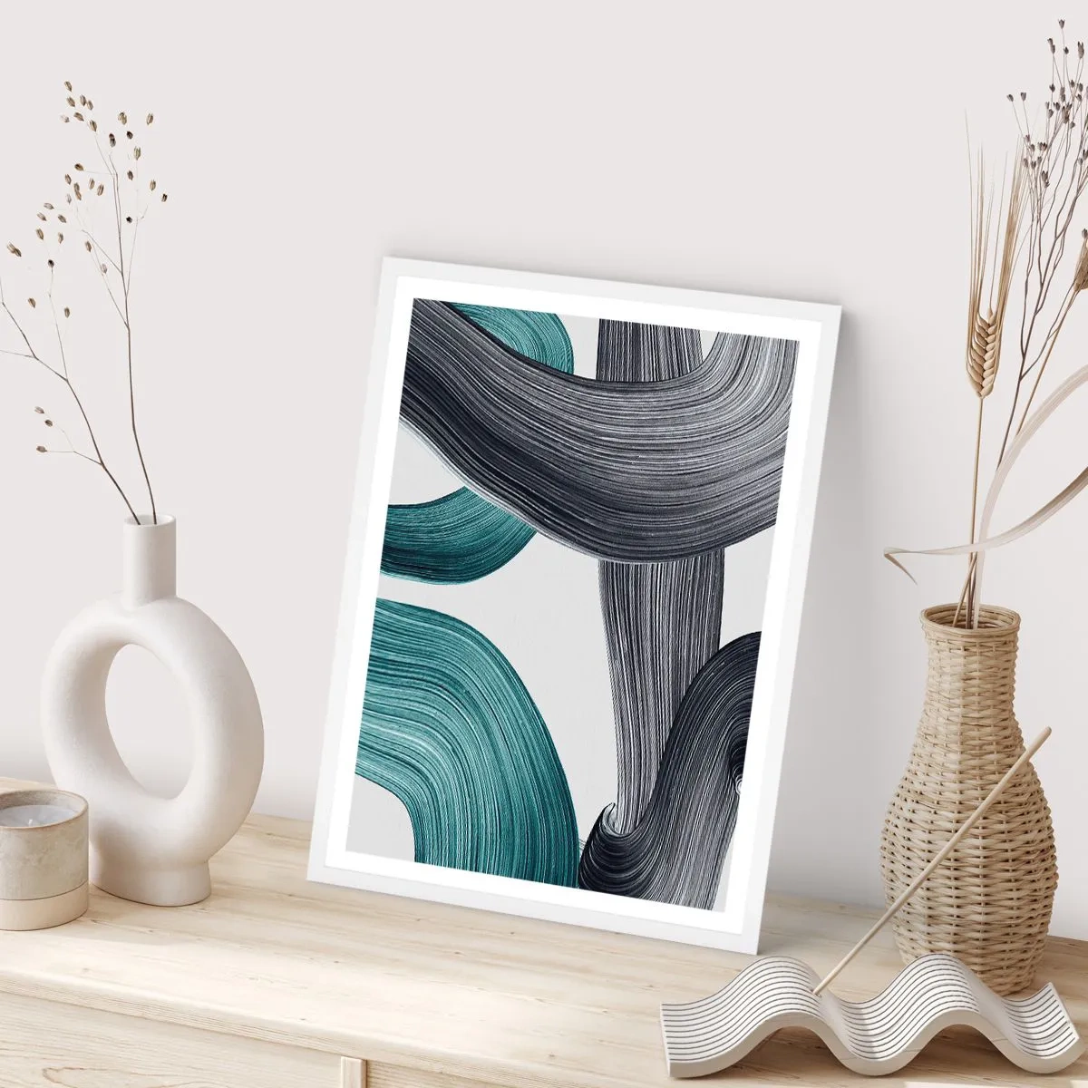 Plakat i hvid ramme - Smaragdgrønne og sorte stier - 70x100 cm