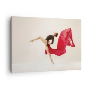 Lærredstryk - Billede på lærred - En dynamisk danser i et sort outfit og rødt stof i bevægelse. - 70x50cm - Rød og sort - Moderne vægdekoration til stue og soveværelse ARTTOR