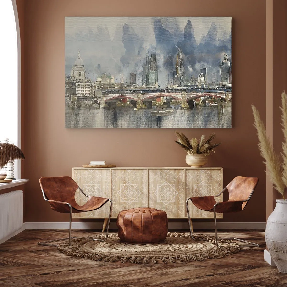 Lærredstryk - Billede på lærred - Akvarelbillede af broen og byens skyline - 70x50cm - London i al sin pragt - Moderne vægdekoration til stue og soveværelse ARTTOR