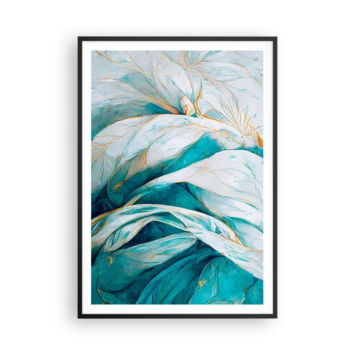 Plakat i sort ramme - Blå abstraktion med et guldmotiv - 70x100 cm