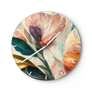 Vægur, Uret - Farverige tropiske blomster i malerisk stil på en lys baggrund - 30x30cm - Blomster på de sydlige øer - Moderne vægdekoration til stue, køkken og soveværelse ARTTOR