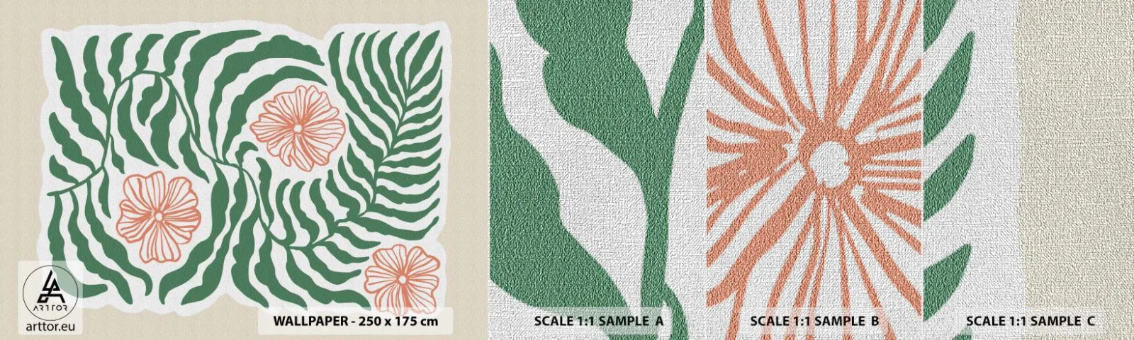 Prøve Fototapet Premium Canvas - Blomstrede i grønt - Boho, Botanisk, Blomster - 100x30 cm