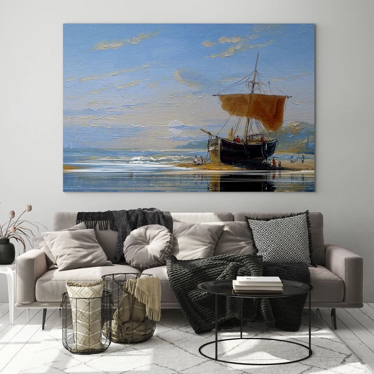 Billede på glas - Et skib med sejl ved kysten i malerisk stil - 70x50cm - Vand, jord, luft - Moderne vægdekoration til stue og soveværelse ARTTOR