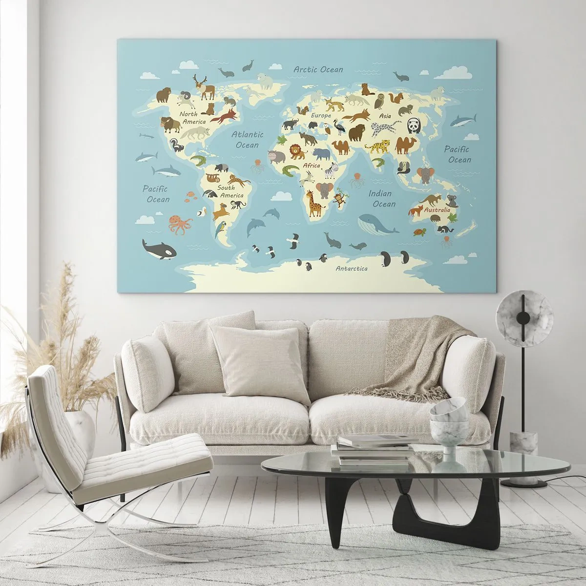 Billede på glas - Et farverigt verdenskort med illustrationer af dyr fra forskellige kontinenter. - 70x50cm - Gode naboer - Moderne vægdekoration til stue og soveværelse ARTTOR