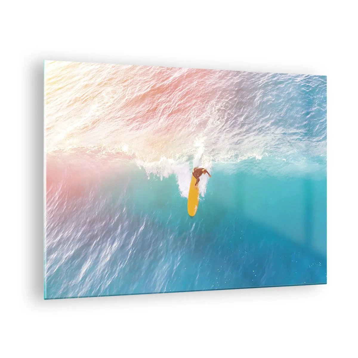 Billede på glas - Surfer rider på en bølge i det turkisblå hav - 70x50cm - Ocean rytter - Moderne vægdekoration til stue og soveværelse ARTTOR