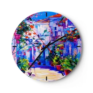 Vægur, Uret - En charmerende terrasse fuld af blomster i intense farver - 30x30cm - Impression - Italiensk gade - Moderne vægdekoration til stue, køkken og soveværelse ARTTOR