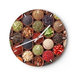 Vægur, Uret - En urskive med et farverigt motiv af krydderier og urter i træskåle. - 30x30cm - Alle verdens smage - Moderne vægdekoration til stue, køkken og soveværelse ARTTOR