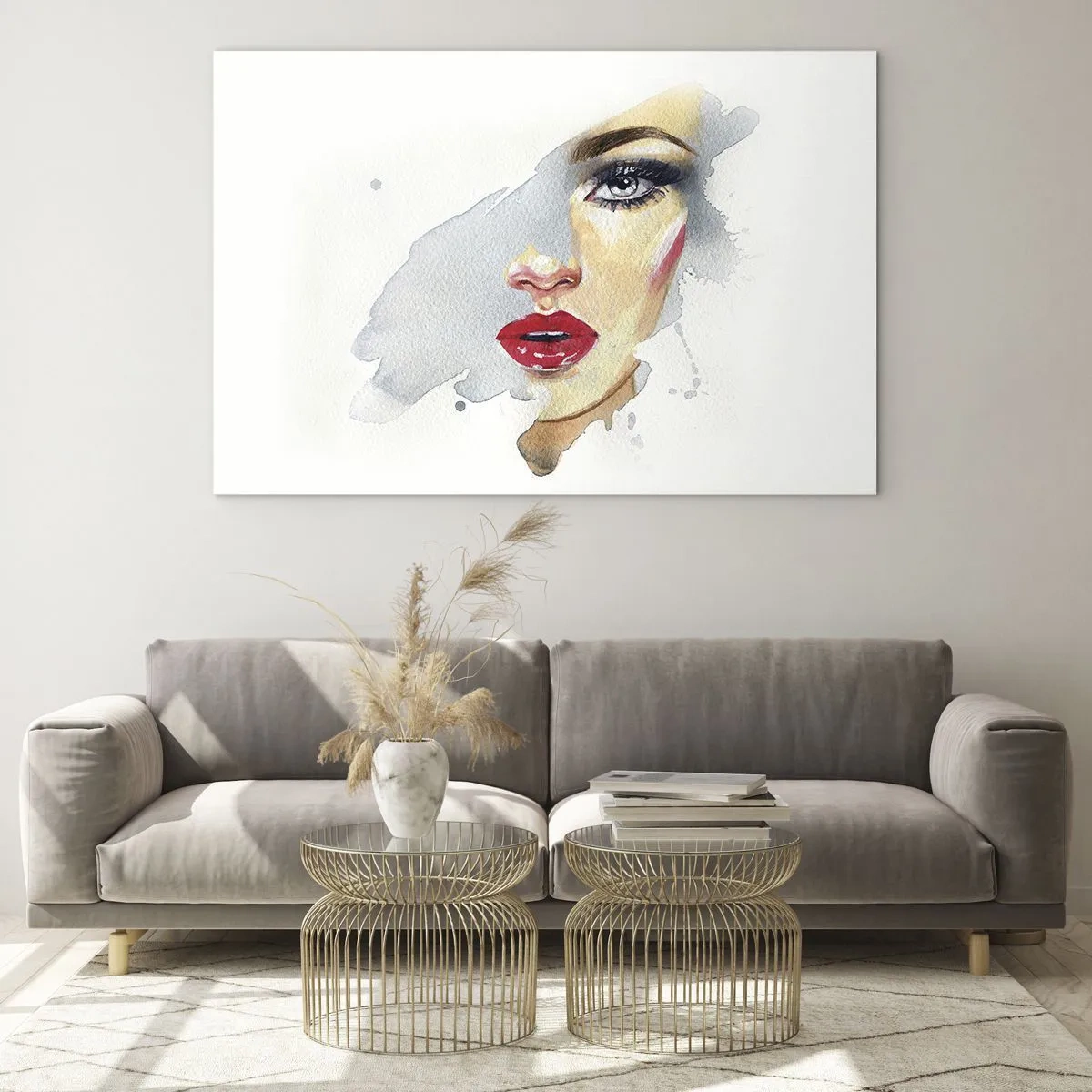Billede på glas - Akvarelportræt af en kvinde med røde læber - 70x50cm - Refleksion i en vanddråbe - Moderne vægdekoration til stue og soveværelse ARTTOR