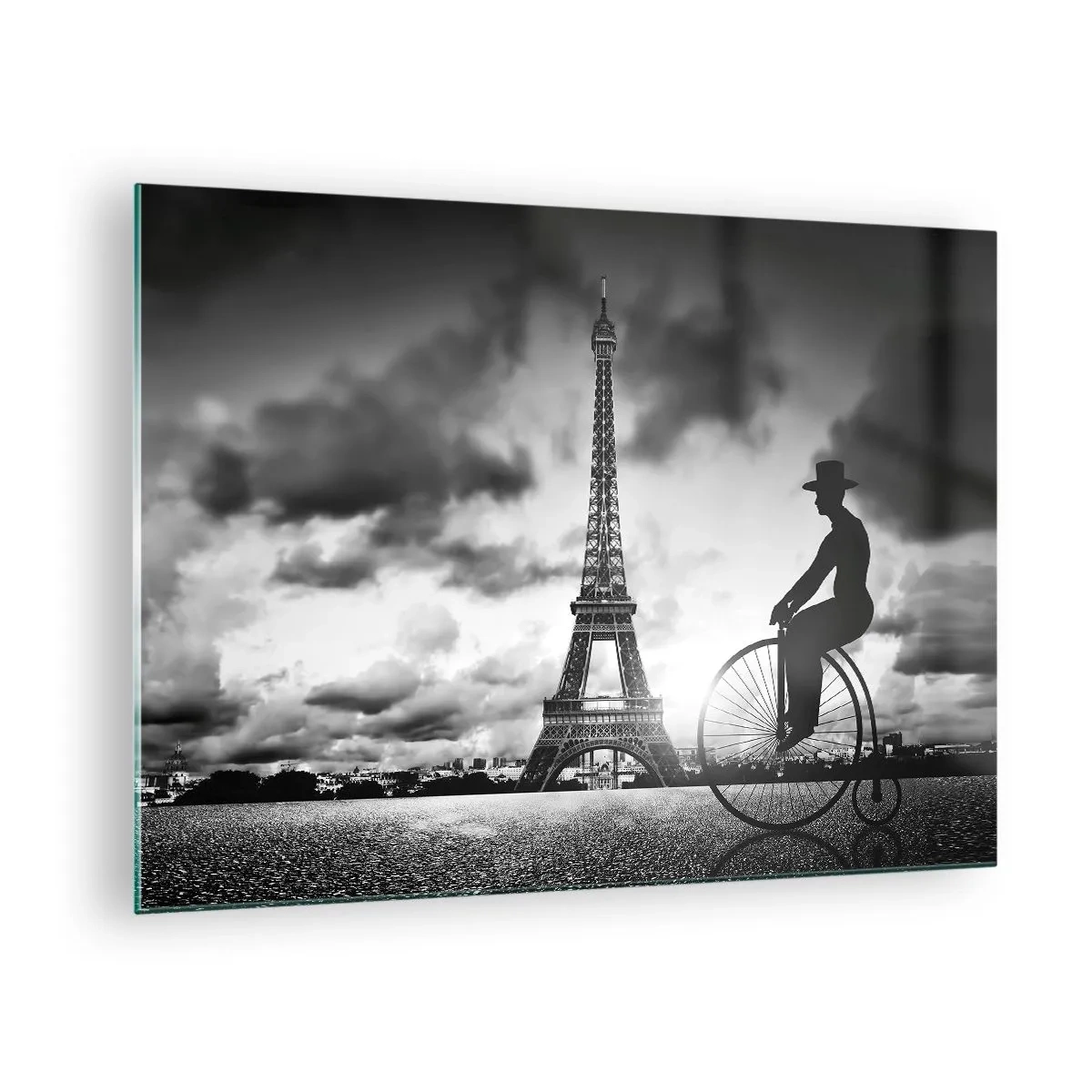 Billede på glas - Eiffeltårnet med retro cykel i sort og hvid - 70x50cm - Længsel efter Belle Epoque - Moderne vægdekoration til stue og soveværelse ARTTOR