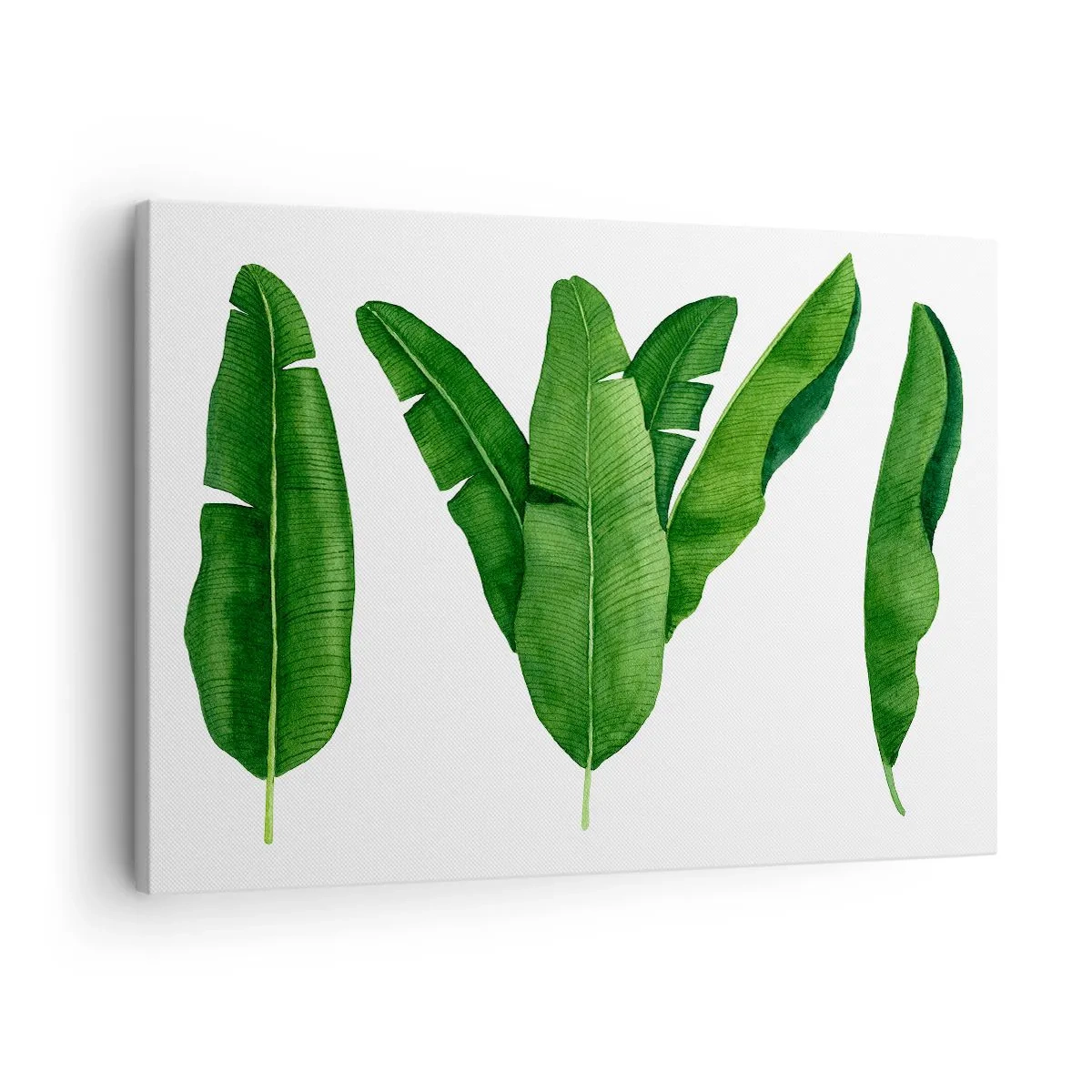 Lærredstryk - Billede på lærred - Tre bananblade i en kunstnerisk tilgang - 70x50cm - Grøn symmetri - Moderne vægdekoration til stue og soveværelse ARTTOR