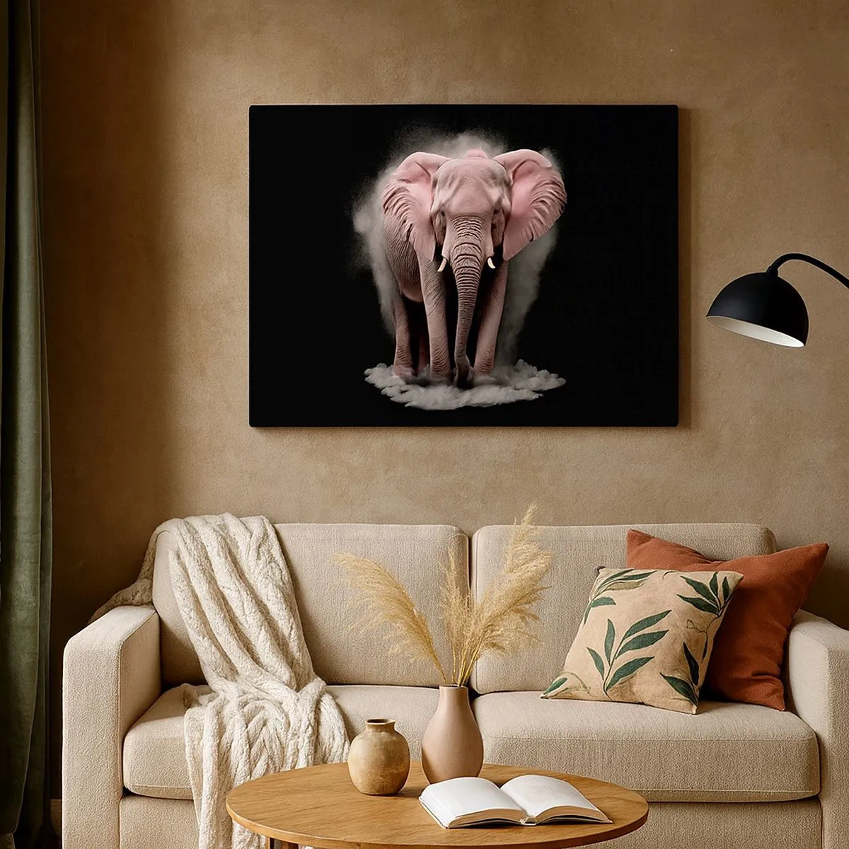 Lærredstryk - Billede på lærred - En kunstnerisk version af en lyserød elefant på en sort baggrund - 70x50cm - Tænk ikke på en lyserød elefant! - Moderne vægdekoration til stue og soveværelse ARTTOR