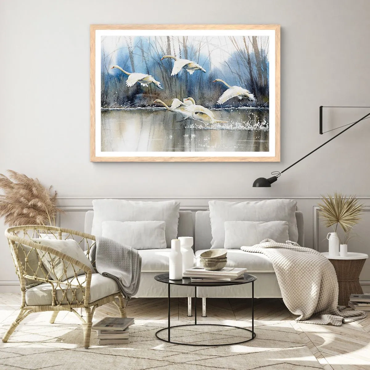 Plakat i ramme af lyst egetræ - Som i en fortælling om vilde svaner - 50x40 cm