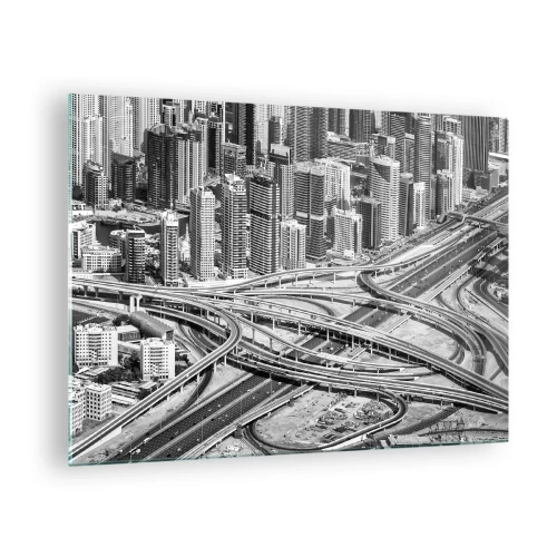 Billede på glas - Sort-hvidt panorama af byen med et motorvejskryds - 70x50cm - Dubai - den umulige by - Moderne vægdekoration til stue og soveværelse ARTTOR