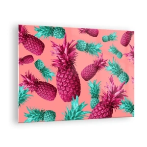 Billede på glas - Farverige ananaser i lyserøde og grønne nuancer på en lyserød baggrund - 70x50cm - Frihed er sødt - Moderne vægdekoration til stue og soveværelse ARTTOR