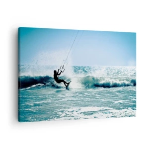 Lærredstryk - Billede på lærred - Kitesurfer rider på en bølge i fuld sol - 70x50cm - Lad dig rive med - Moderne vægdekoration til stue og soveværelse ARTTOR