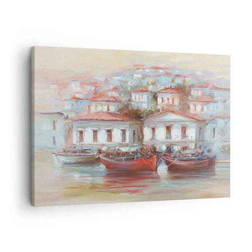 Lærredstryk - Billede på lærred - Farverige både og maleriske bygninger ved vandet i pastelfarver - 70x50cm - Lykkelig by - Moderne vægdekoration til stue og soveværelse ARTTOR
