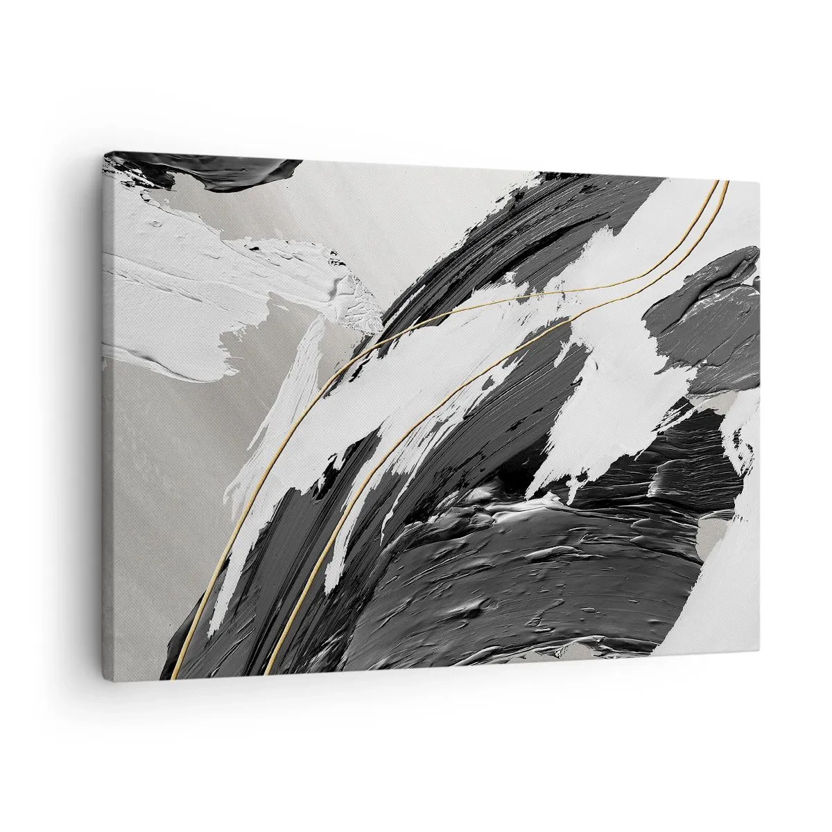 Lærredstryk - Billede på lærred - Sort-hvide malestrøg med en diskret guldfarvet accent - 70x50cm - Abstraktion med flair - Moderne vægdekoration til stue og soveværelse ARTTOR