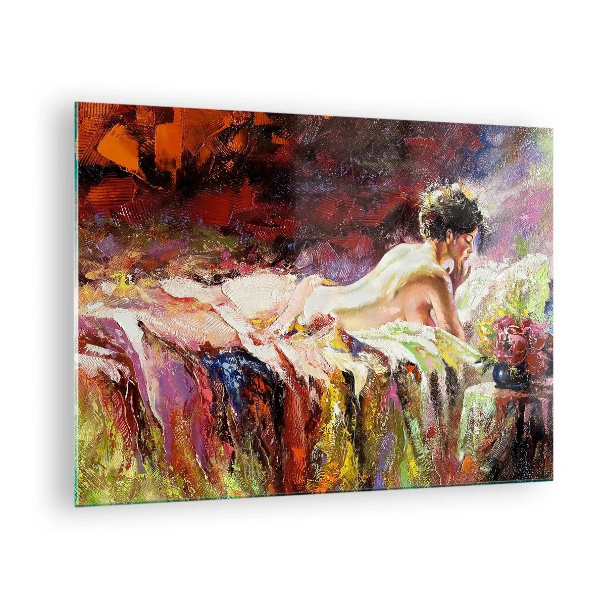 Billede på glas - Impressionistisk kvindelig nøgenmodel på farverigt stof - 70x50cm - Eftertænksom Venus - Moderne vægdekoration til stue og soveværelse ARTTOR