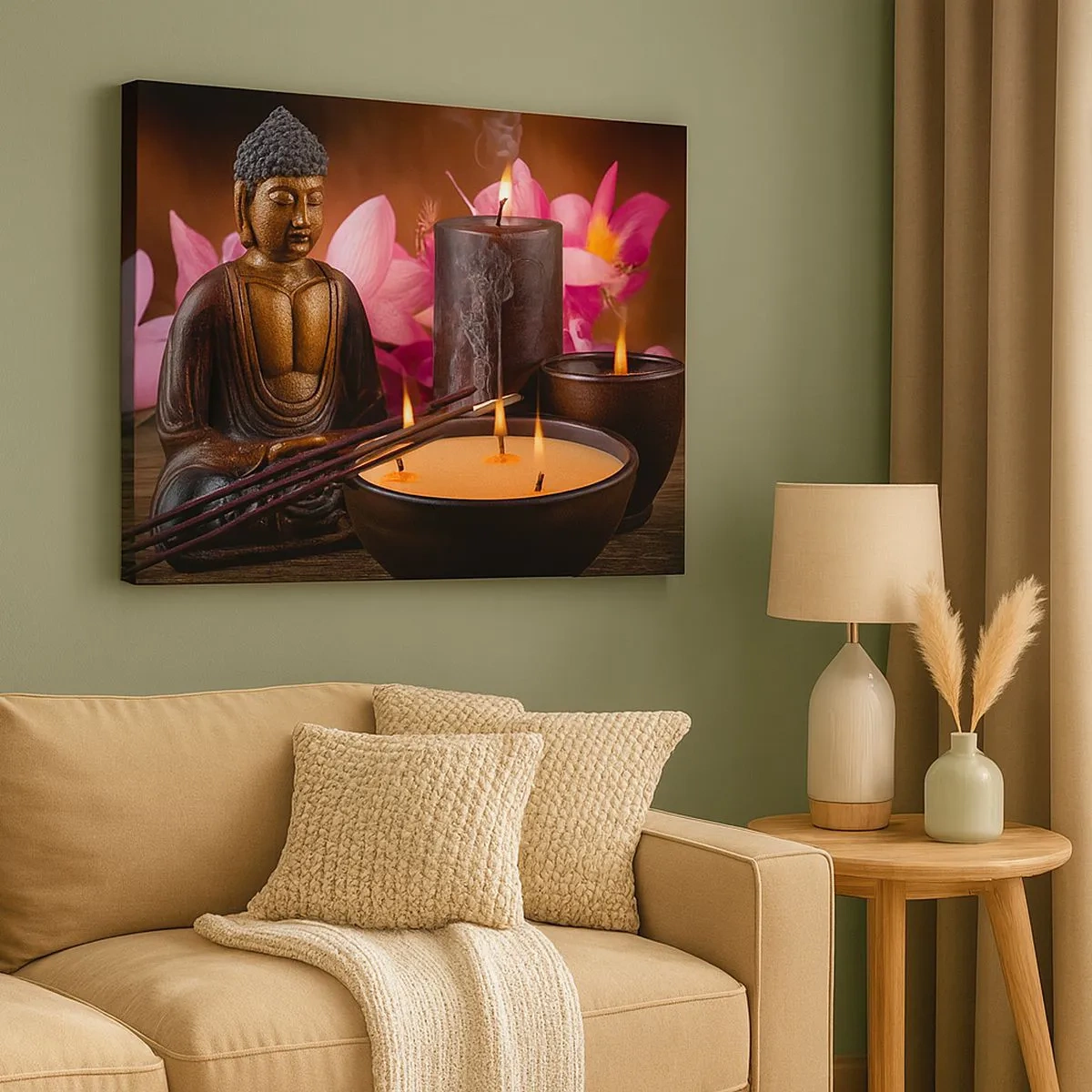 Lærredstryk - Billede på lærred - Buddha-figur med tændte lys og røgelsespinde - 70x50cm - Rydde sindet, berolige kroppen - Moderne vægdekoration til stue og soveværelse ARTTOR