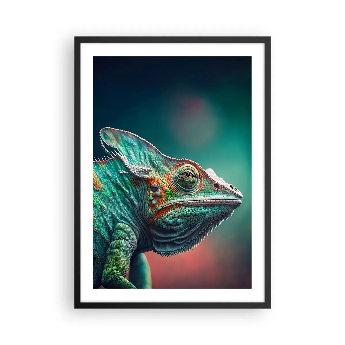 Plakat i sort ramme - En farverig kamæleon på en slående baggrund - 50x70cm - Kan du se mig? Ikke godt... - Moderne vægdekoration til stue og soveværelse ARTTOR