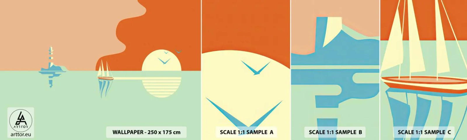 Prøve Fototapet Selvklæbende Deluxe Sticker - Det perfekte havlandskab - Abstraktion, Sejlskib, Lanterne - 100x30 cm
