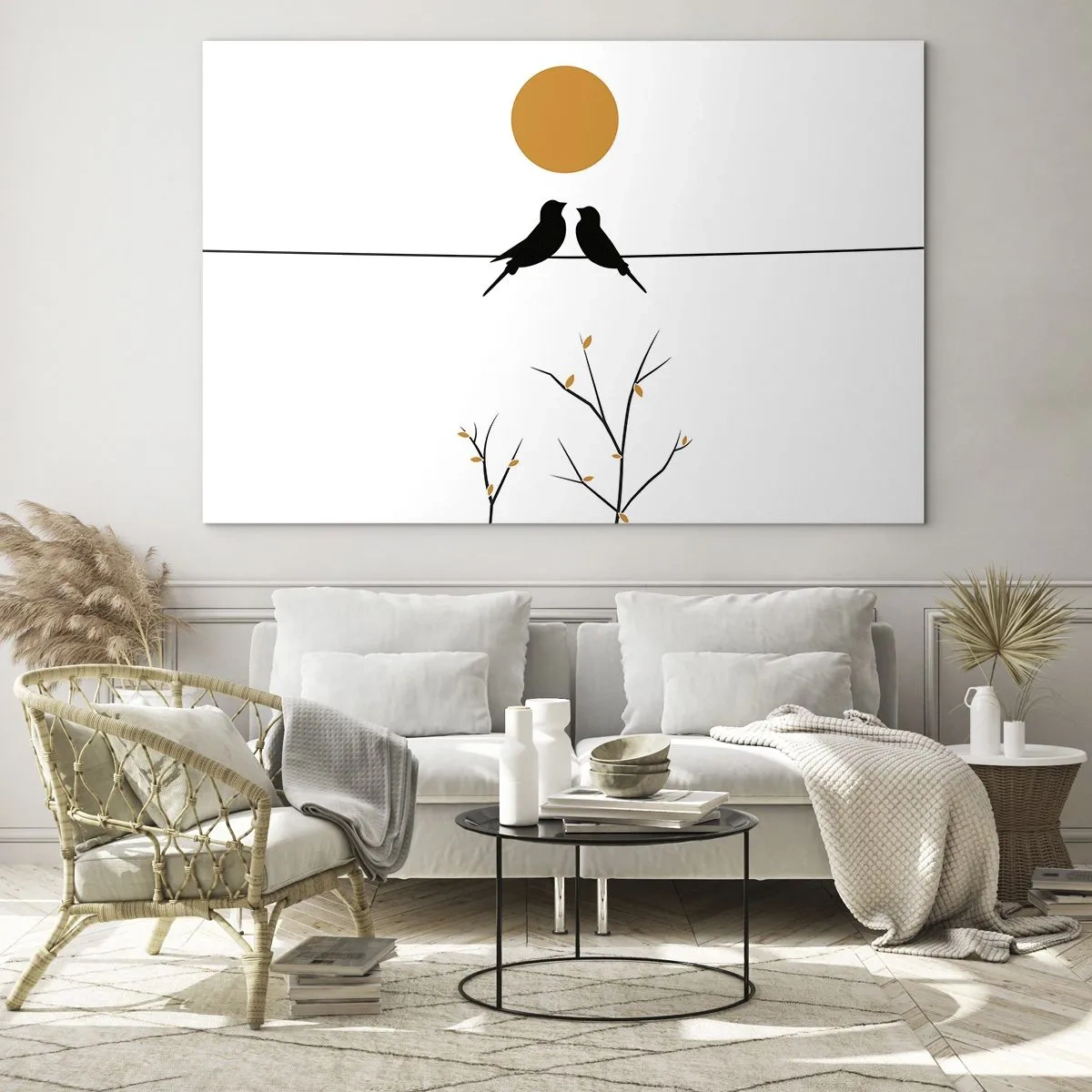 Billede på glas - Fugle på en linje under en orange sol - 70x50cm - Nattergal - Moderne vægdekoration til stue og soveværelse ARTTOR