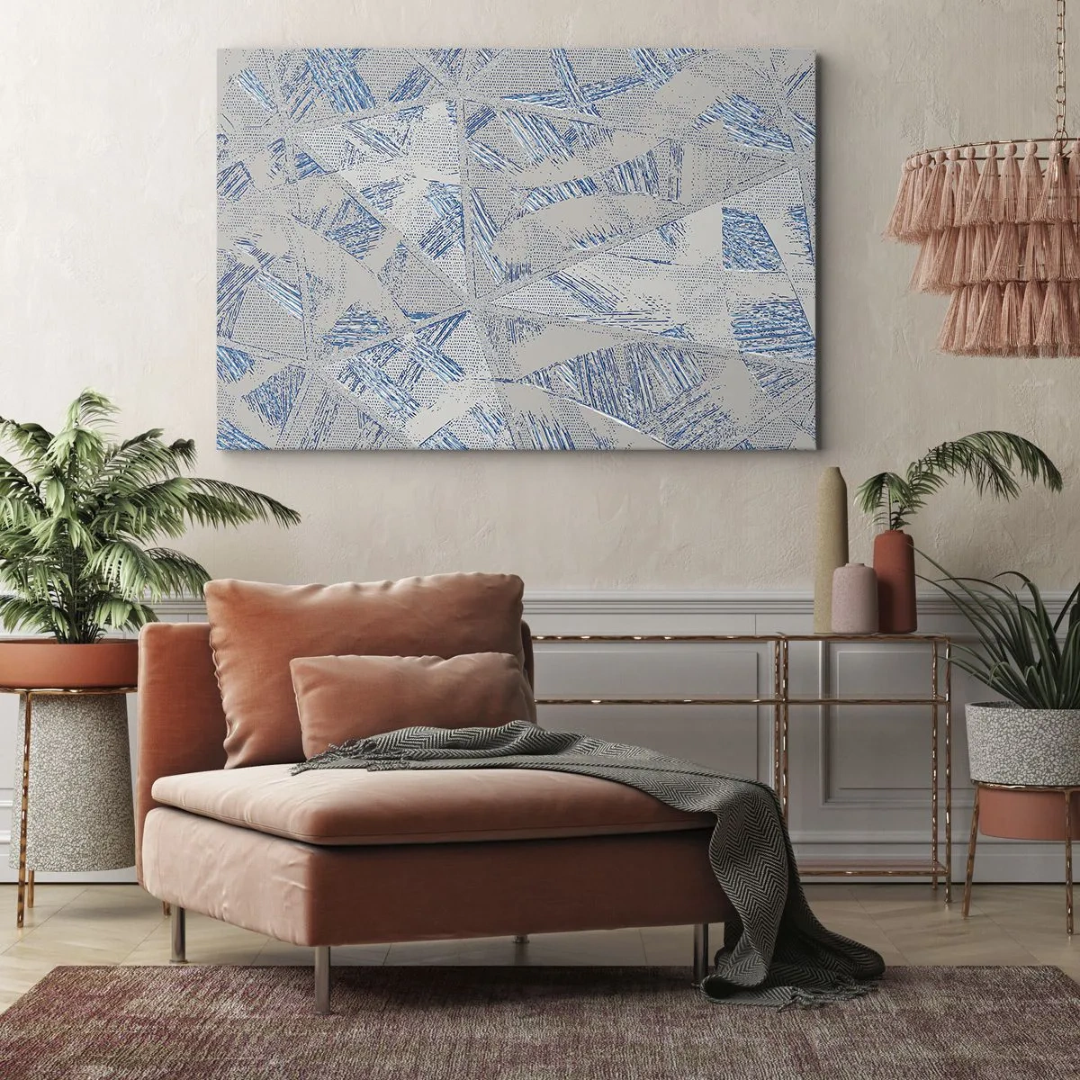 Lærredstryk - Billede på lærred - Geometriske mønstre i blå og grå nuancer - 70x50cm - I en gråblå labyrint - Moderne vægdekoration til stue og soveværelse ARTTOR