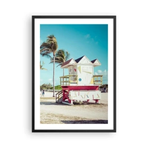 Plakat i sort ramme - En farverig livredderstand på en strand med palmer og en blå himmel - 50x70cm - En smuk dag foran dig - Moderne vægdekoration til stue og soveværelse ARTTOR