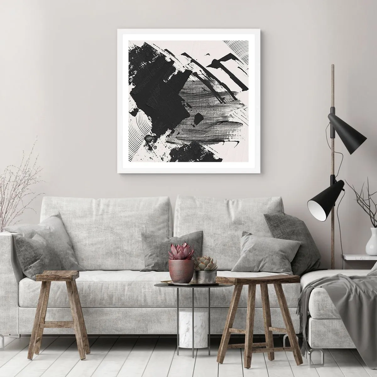Plakat i hvid ramme - Abstraktion - det sortes udtryk - 50x50 cm