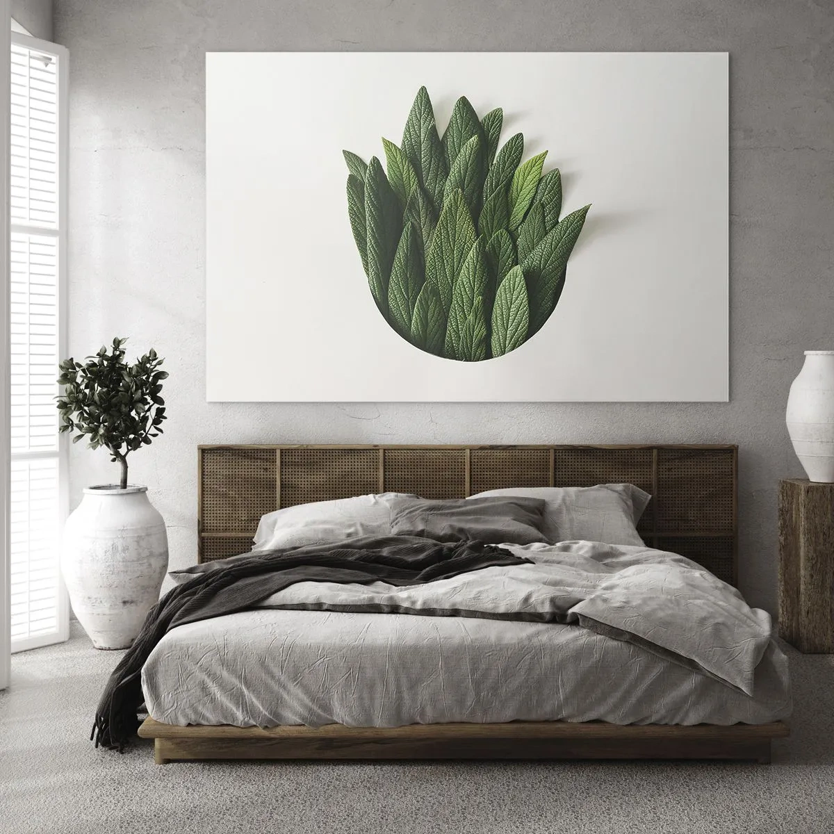 Billede på glas - Grønne blade arrangeret i form af en vase på en hvid baggrund - 70x50cm - Uhæmmet nysgerrighed - Moderne vægdekoration til stue og soveværelse ARTTOR