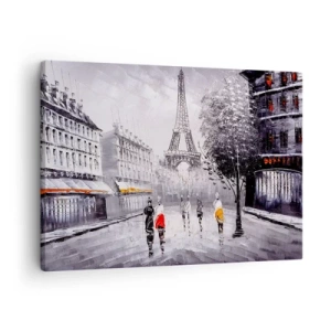 Lærredstryk - Billede på lærred - En udsigt over Eiffeltårnet i en monokromatisk setting med farveaccenter - 70x50cm - En parisisk spadseretur - Moderne vægdekoration til stue og soveværelse ARTTOR