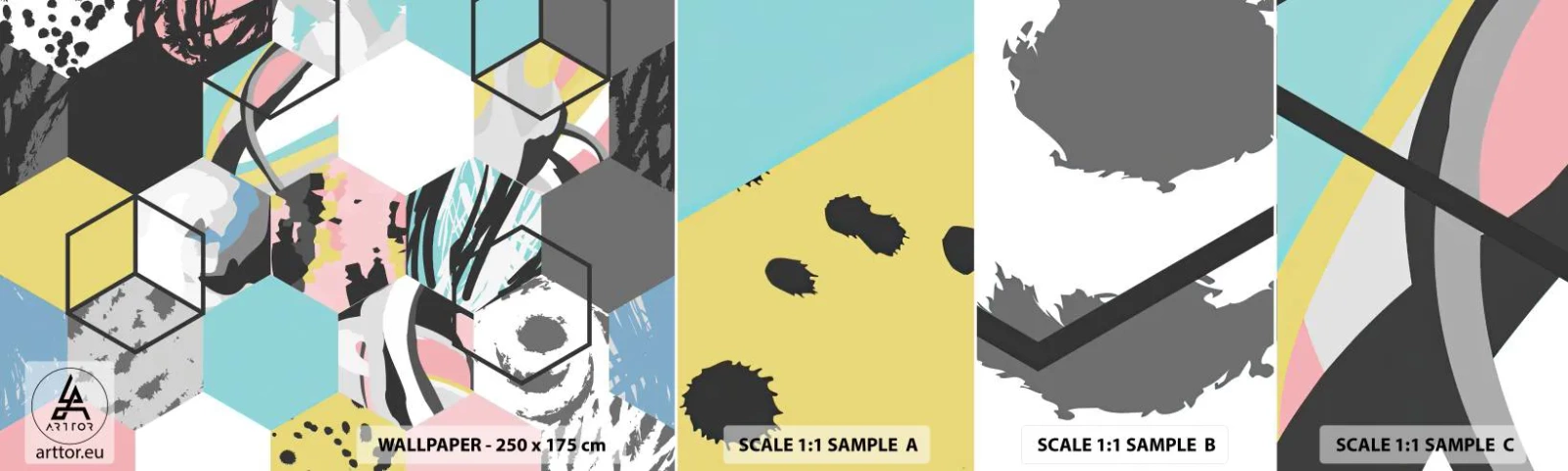 Fototapet Prøve Standard Eco - Sekskanter og terninger i seks farver - Abstraktion, Stykke, Moderne mønster - 100x30 cm