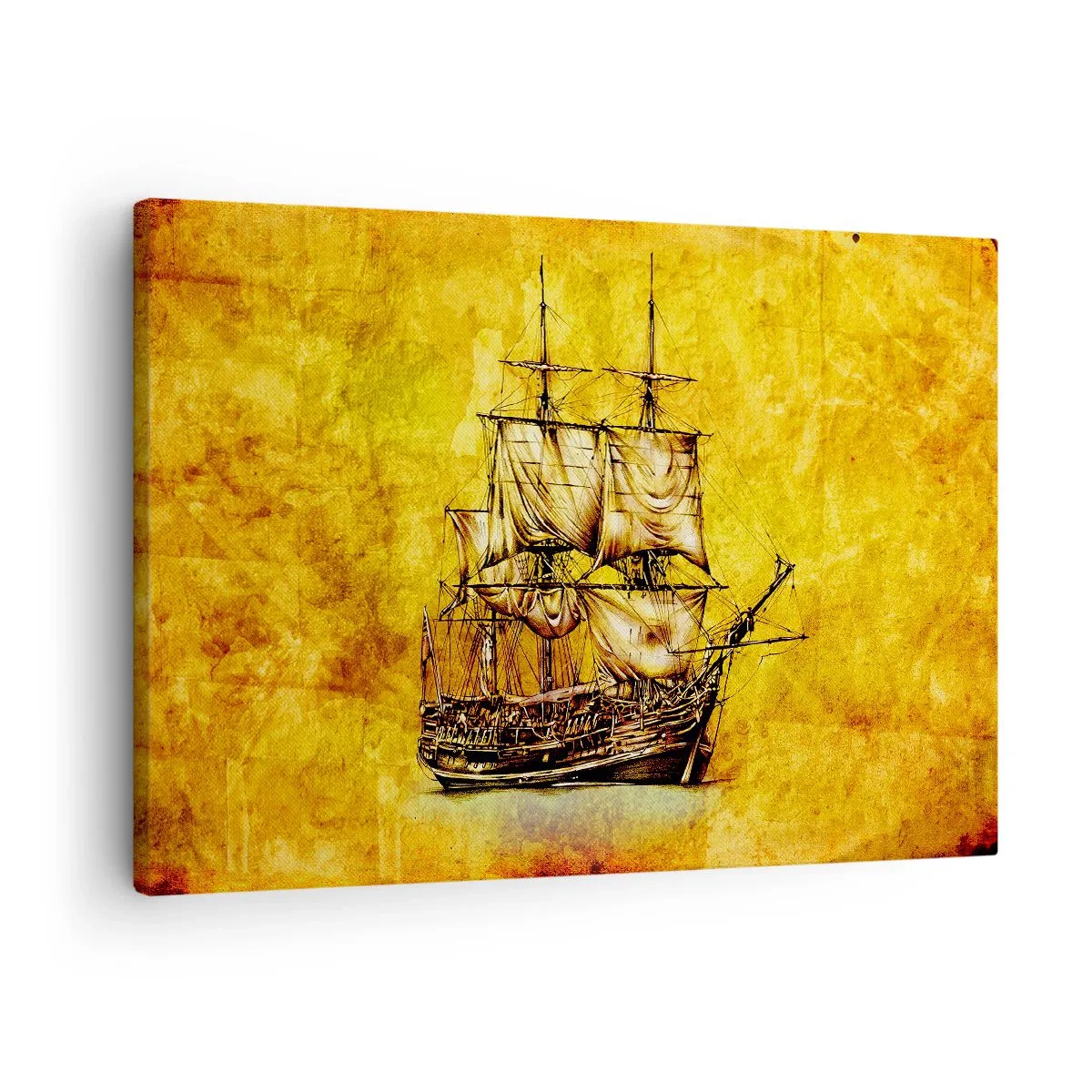 Lærredstryk - Billede på lærred - En stiliseret tegning af et sejlskib på en gylden baggrund med et vintage-look. - 70x50cm - På vej til Tortuga! - Moderne vægdekoration til stue og soveværelse ARTTOR