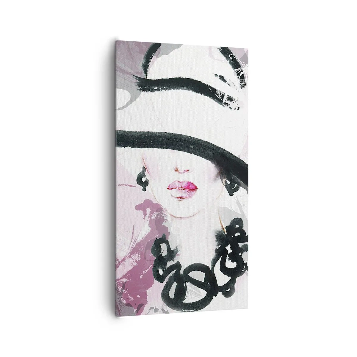 Lærredstryk - Billede på lærred - Portræt af en dame i sort og lyserødt - 65x120 cm