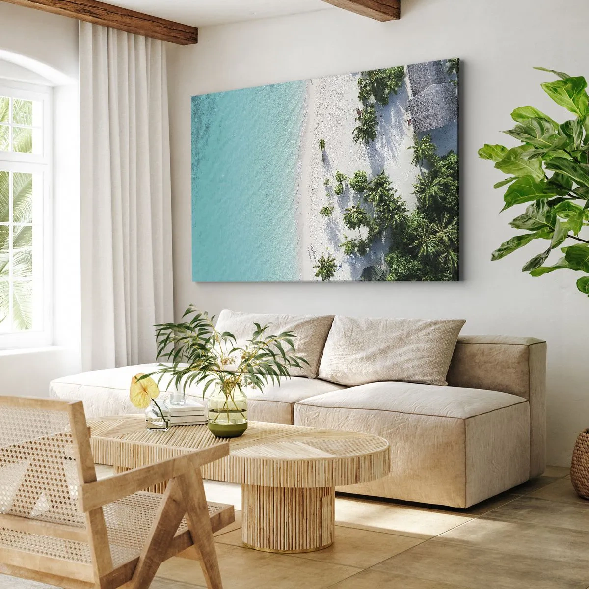 Lærredstryk - Billede på lærred - Fugleperspektiv af en tropisk strand med turkisvand og palmer - 70x50cm - Ferie i paradis - Moderne vægdekoration til stue og soveværelse ARTTOR