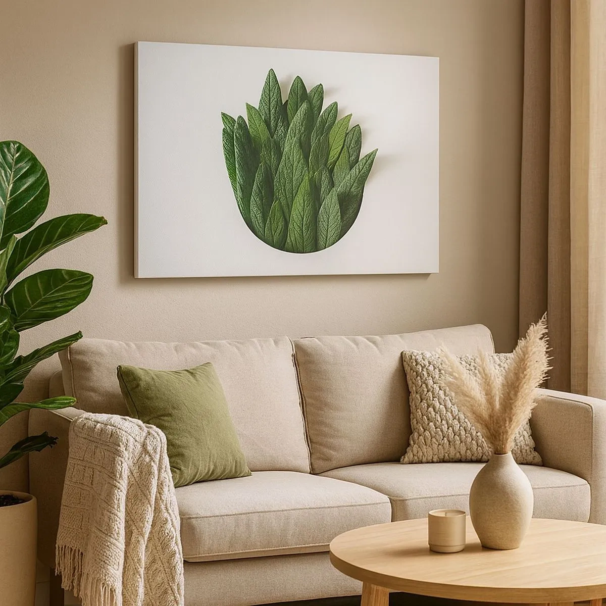 Lærredstryk - Billede på lærred - En komposition af grønne blade på en lys baggrund - 70x50cm - Uhæmmet nysgerrighed - Moderne vægdekoration til stue og soveværelse ARTTOR