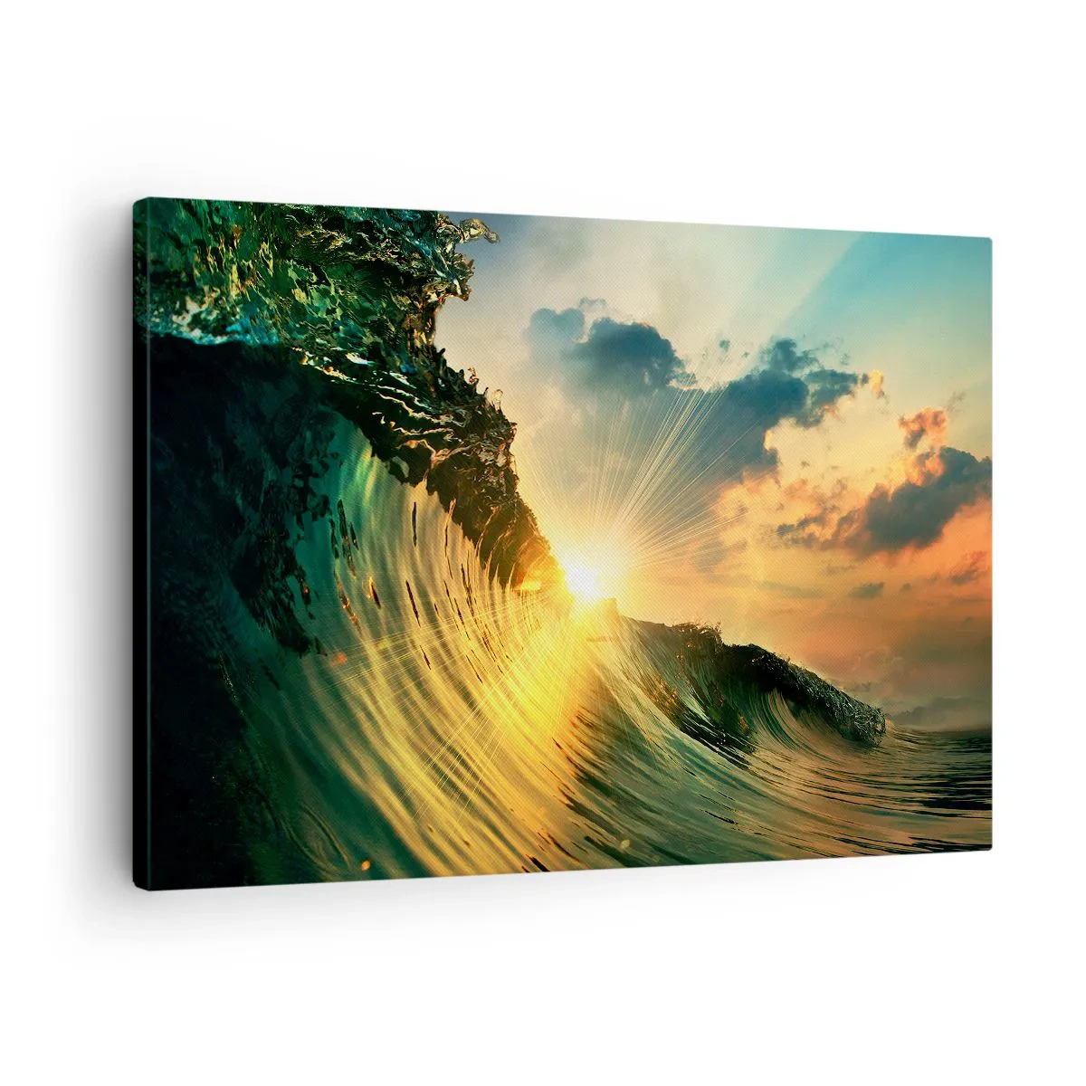 Lærredstryk - Billede på lærred - En bølge med den nedgående sol og oplyste skyer - 70x50cm - Surfer, hvor er du? - Moderne vægdekoration til stue og soveværelse ARTTOR