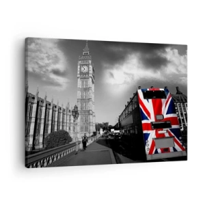 Lærredstryk - Billede på lærred - Big Ben og en bus med et britisk flag mod en sort og hvid baggrund - 70x50cm - Stolt og stor - Moderne vægdekoration til stue og soveværelse ARTTOR