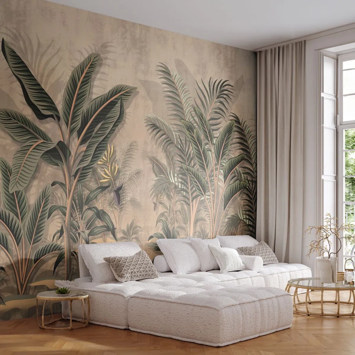Fototapet Premium Sand - Gravering i kolonistil - Tropisk skov, Kokospalme, Banantræ - 350x256 cm