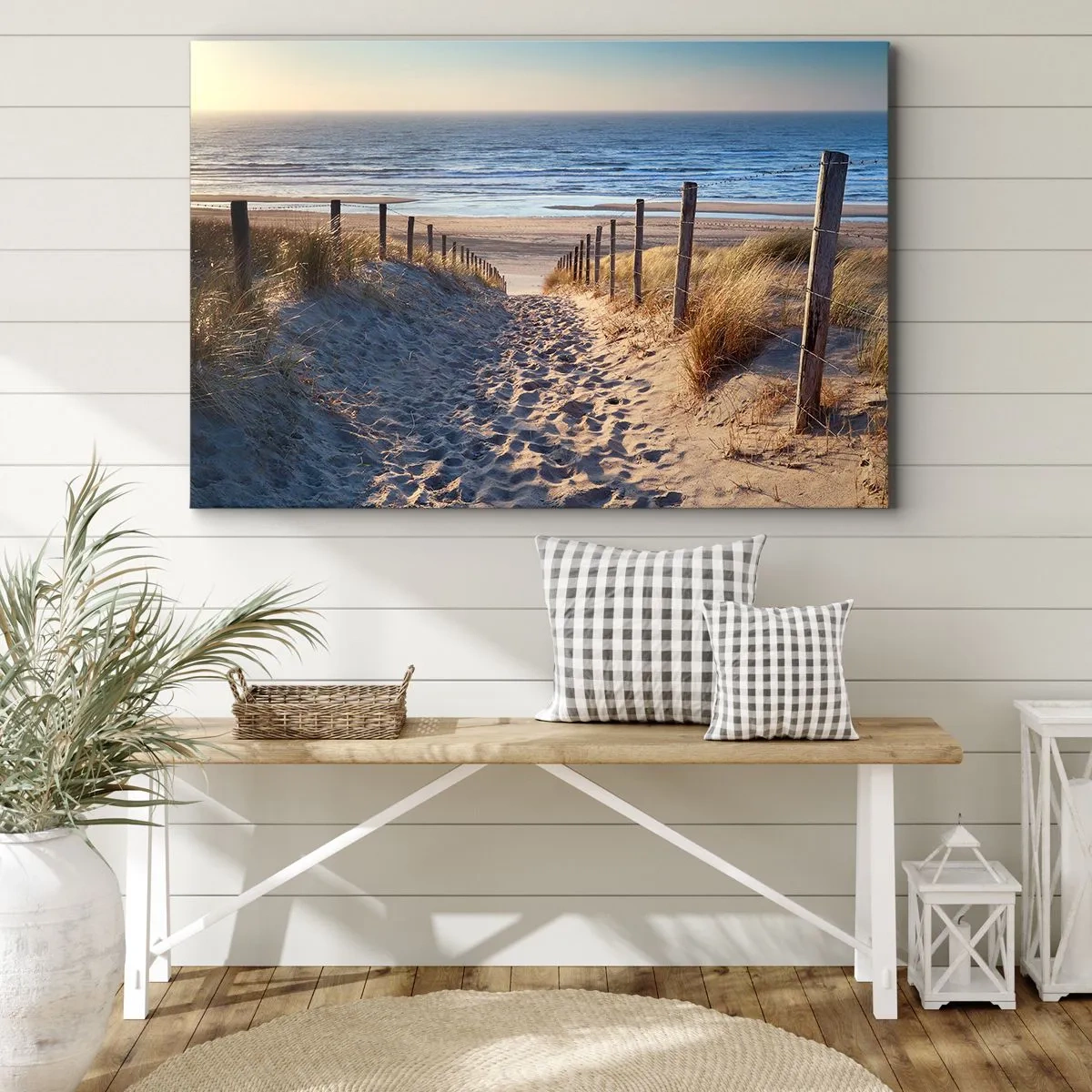 Lærredstryk - Billede på lærred - Sti gennem klitterne, der fører til stranden - 70x50cm - Havet brummer, fuglene synger, en vild strand midt i græsset.... - Moderne vægdekoration til stue og soveværelse ARTTOR