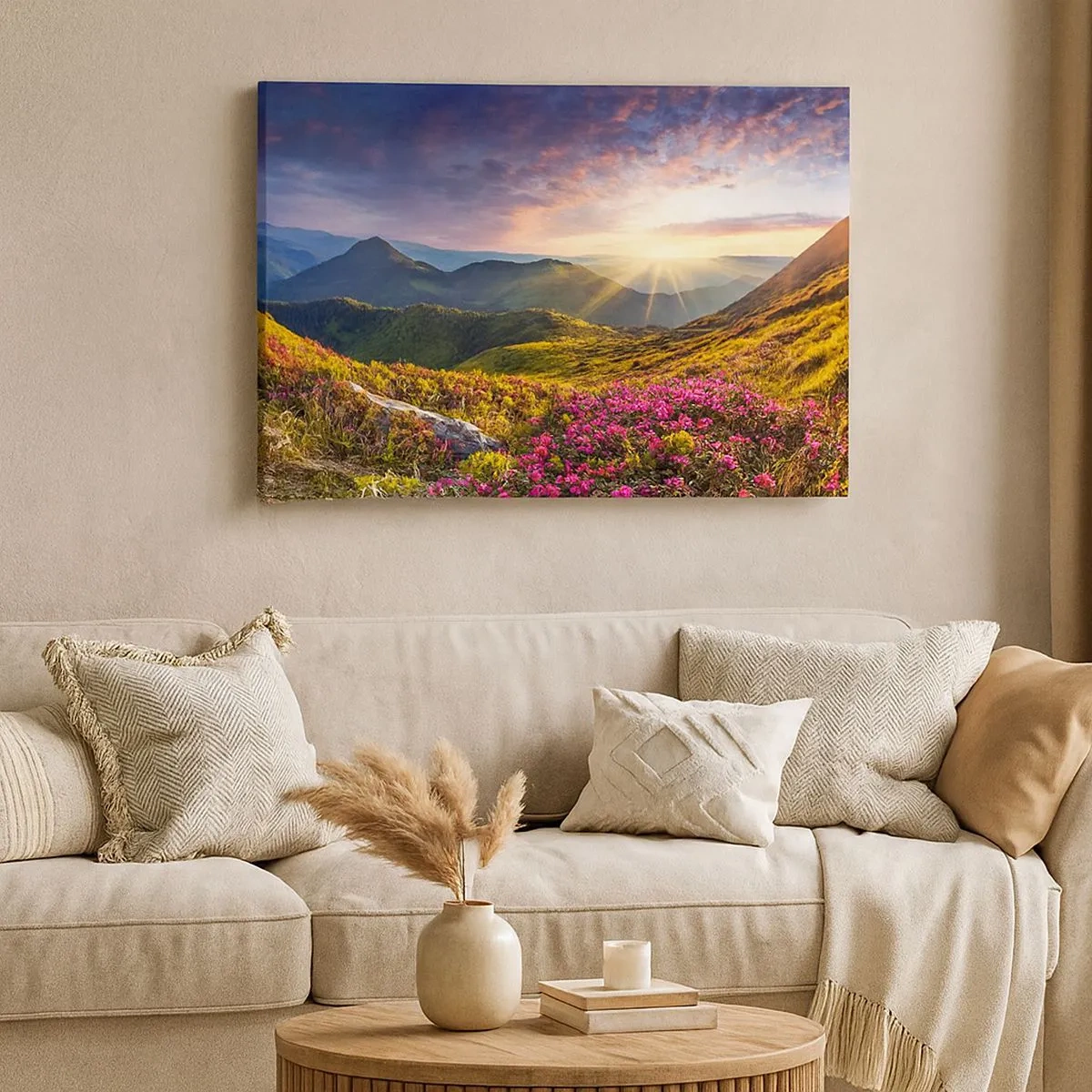 Lærredstryk - Billede på lærred - Bjerglandskab med blomstrende rhododendroner - 70x50cm - Friskheden af en morgen i bjergene - Moderne vægdekoration til stue og soveværelse ARTTOR