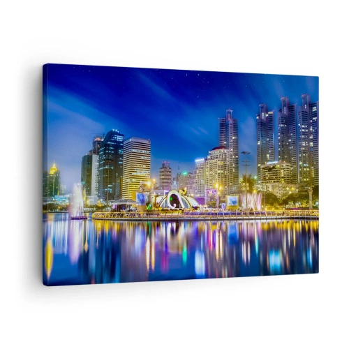 Lærredstryk - Billede på lærred - Natpanorama af byen med lys reflekteret i vandet - 70x50cm - Regnbuenat i metropolen - Moderne vægdekoration til stue og soveværelse ARTTOR